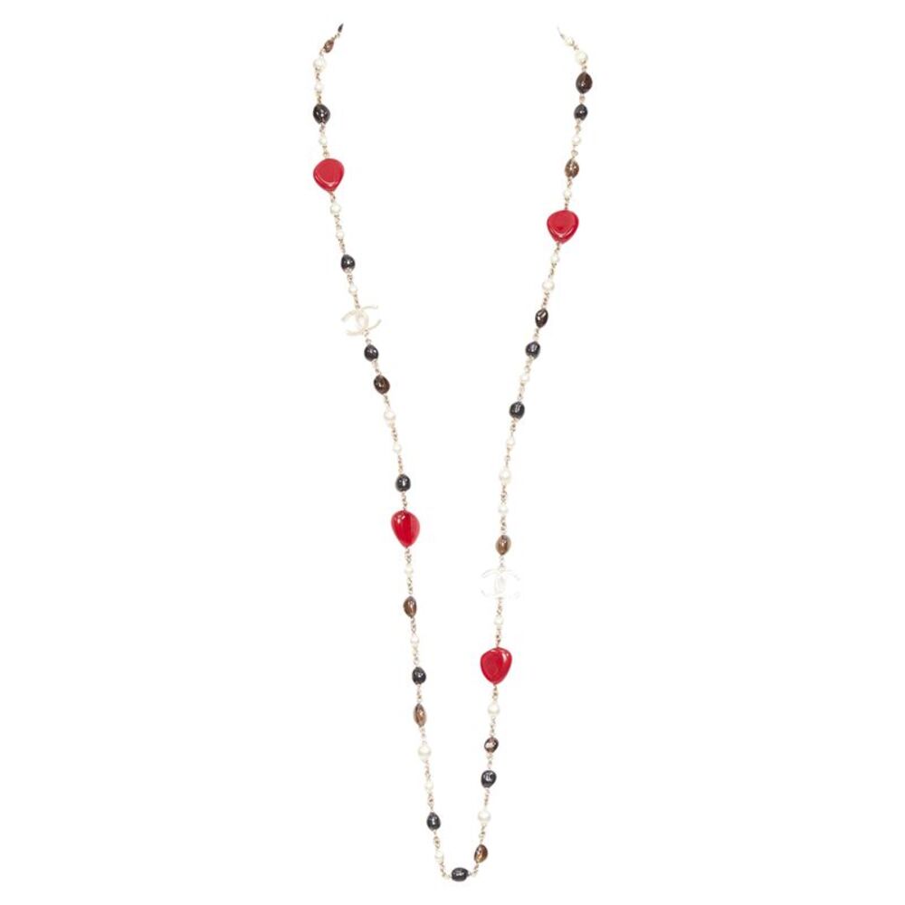 Chanel red black resin faux pearl CC station chain necklace